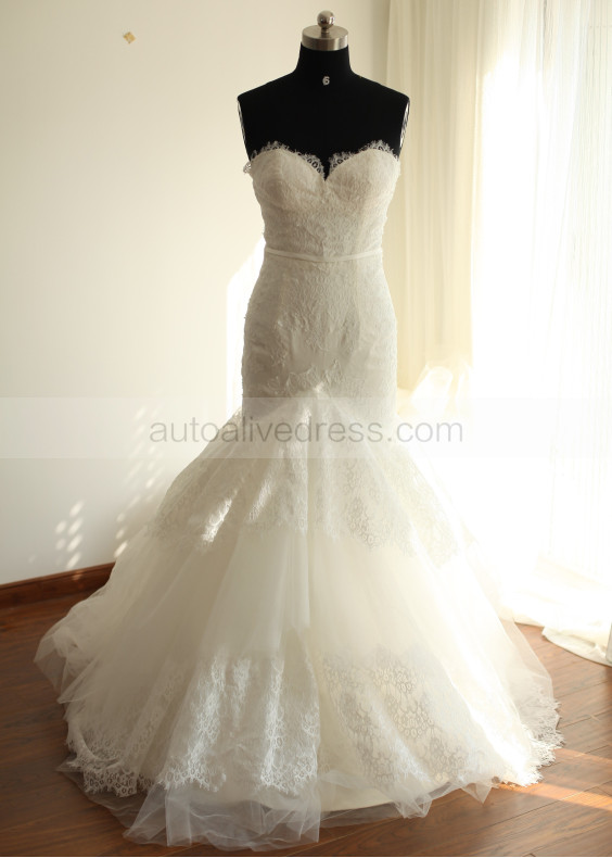 Strapless Eyelash Lace Mermaid Long Wedding Dress